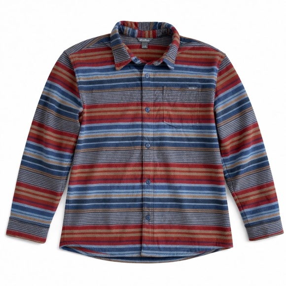 Eddie Bauer Fleece Button Down Shirt Jacket Outdoor Cozy Striped Blue Red Tan XL - Picture 1 of 8